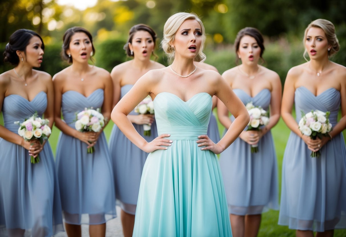 A woman in a dress matching the bridesmaids stands out in a group, causing confusion and surprise