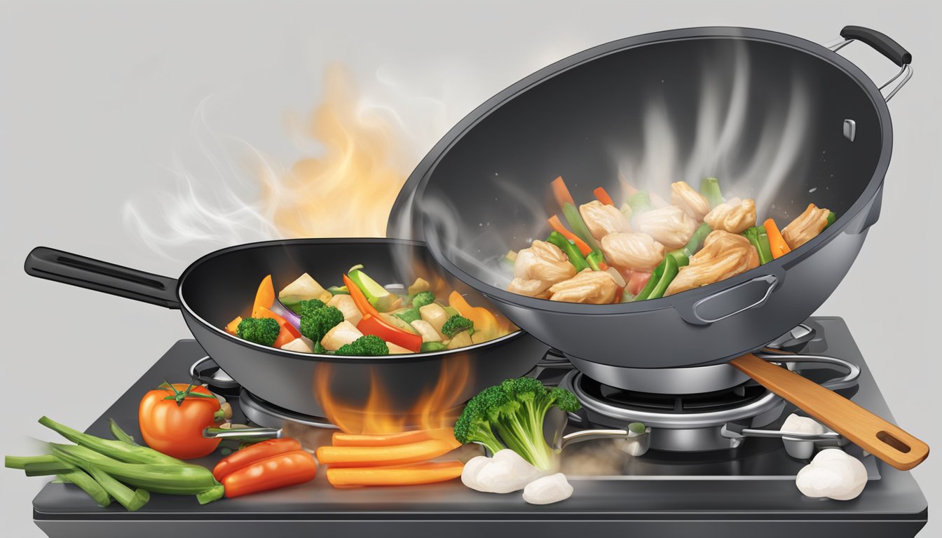 A wok sizzles with reheating chicken and vegetable stir fry over a gas stove. Steam rises as the ingredients are tossed together with a spatula