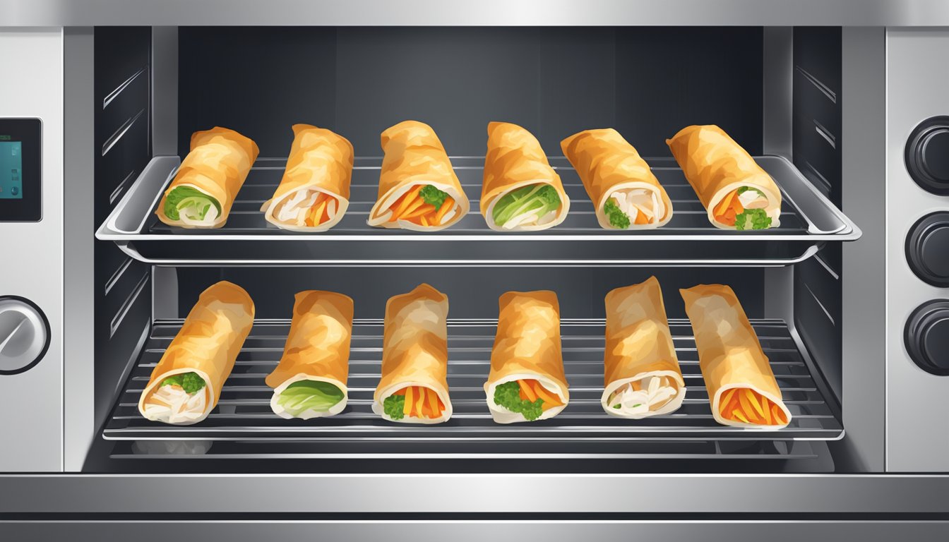 A plate of chicken and vegetable spring rolls being reheated in a hot oven