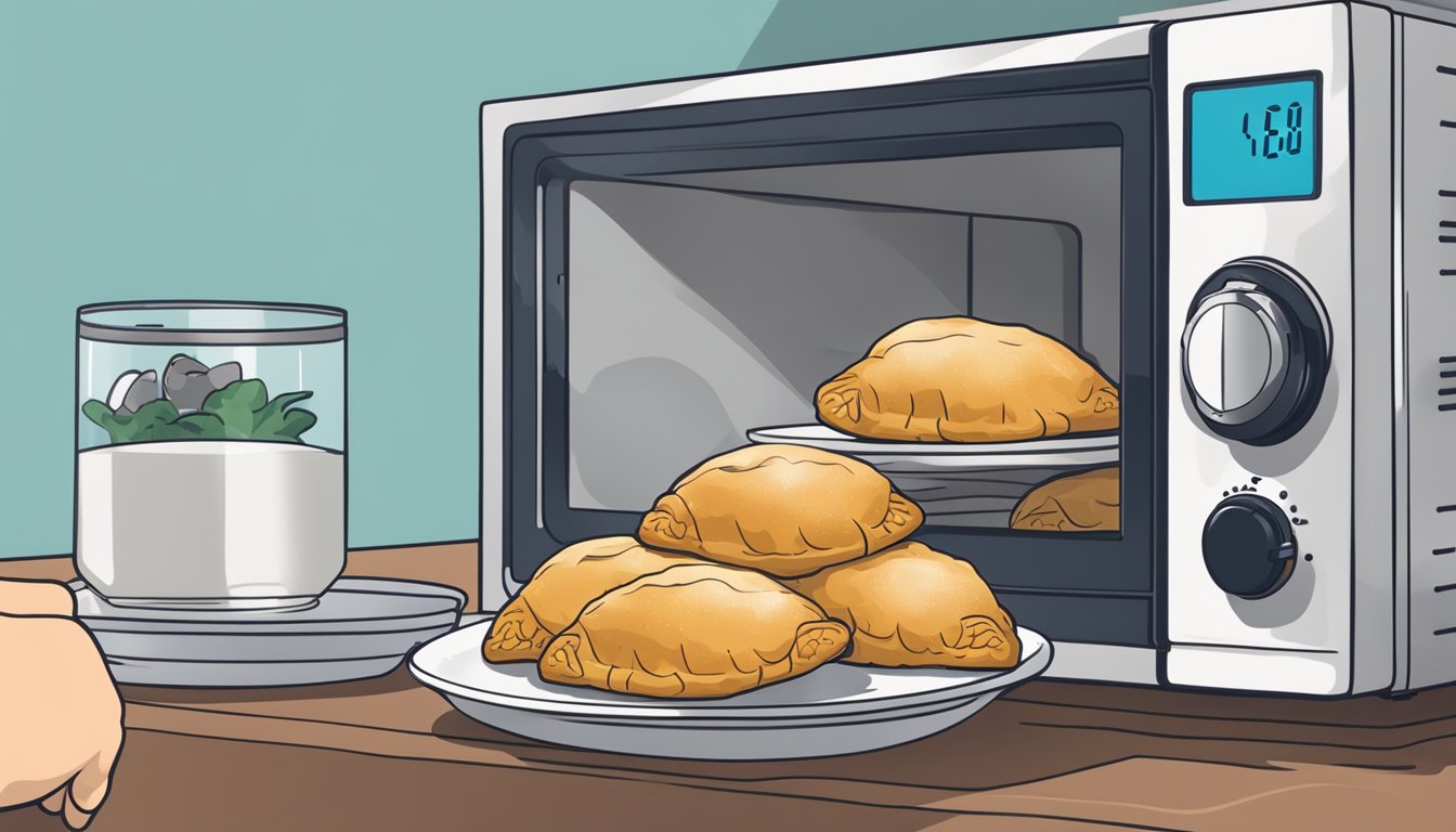 A hand reaching for a plate of chicken empanadas next to a microwave with a timer set to reheat