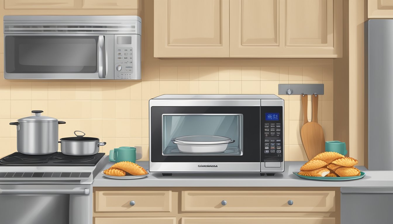 A microwave with a plate of chicken empanadas inside, a toaster oven, and a skillet on a stovetop