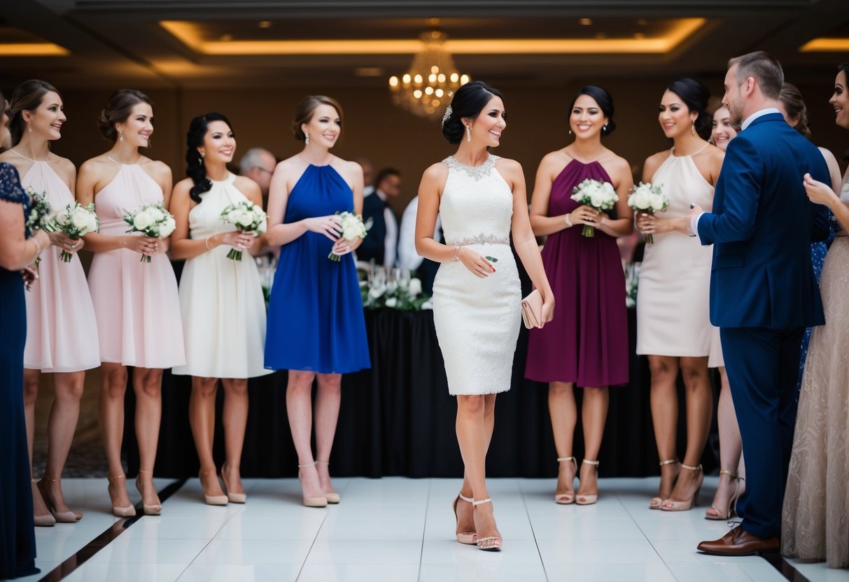 A woman in a stylish cocktail dress stands apart from a group of bridesmaids, holding a small clutch and chatting with other guests at a wedding reception