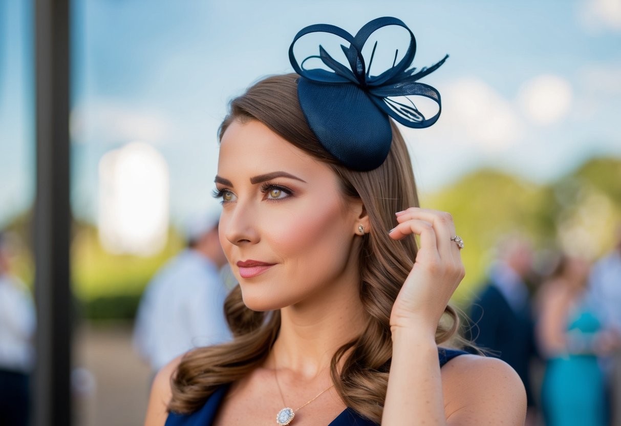 A woman with a fascinator in her hair decides whether to wear it up or down