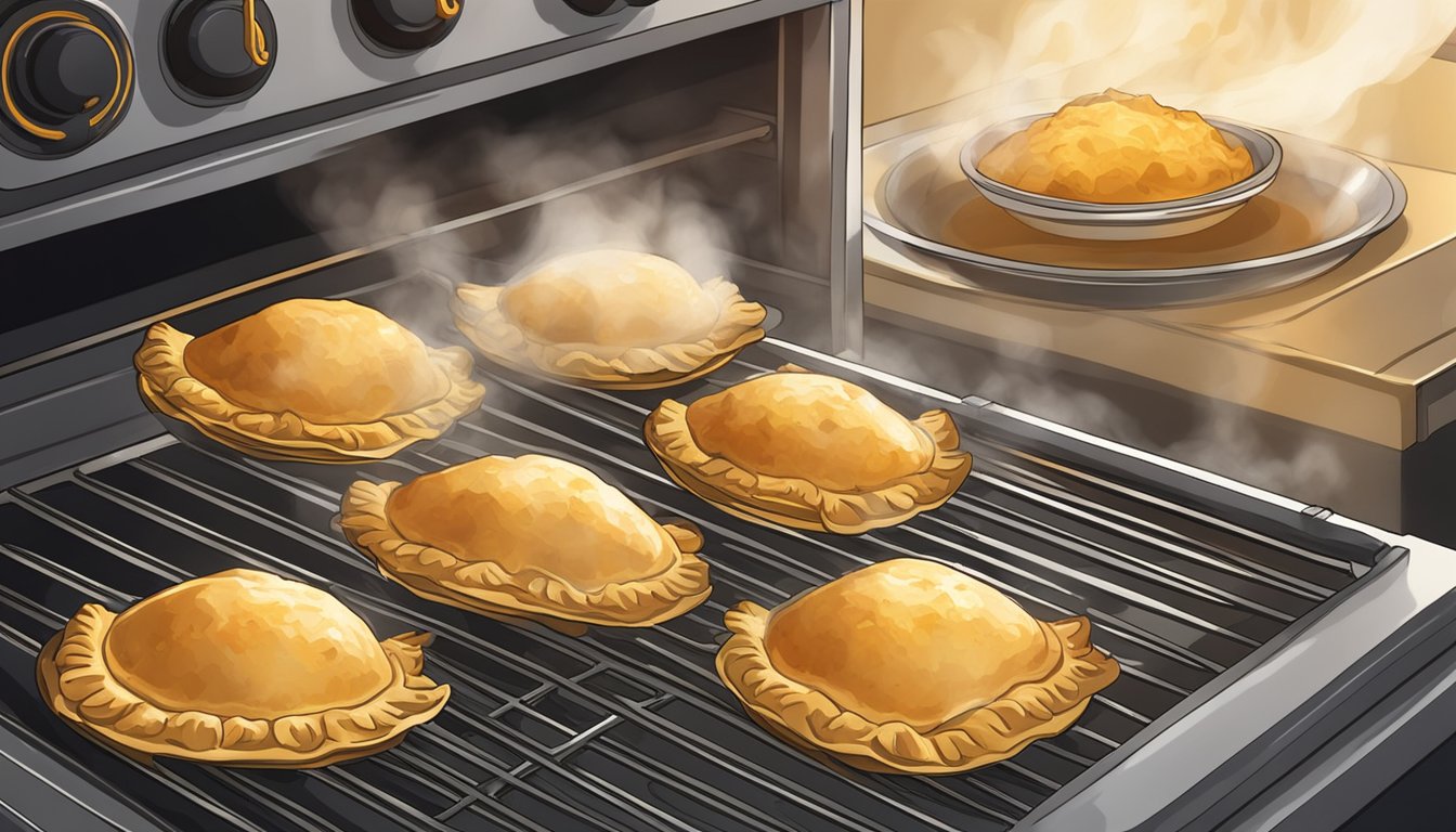 A plate of chicken empanadas being reheated in the oven, with steam rising from the golden, flaky crust