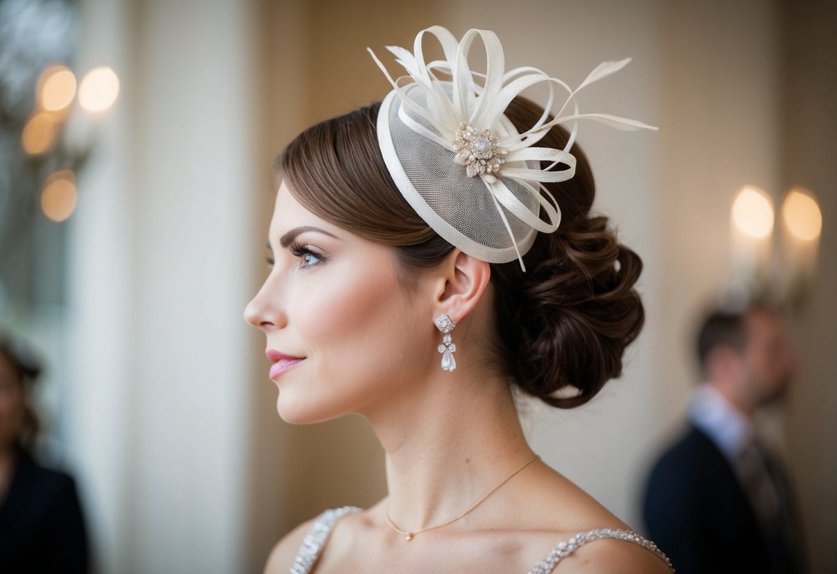 A woman's profile wearing a fascinator with her hair elegantly styled up, showcasing the intricate details of the headpiece