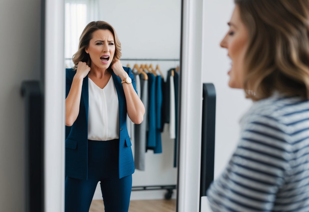 A woman standing in front of a full-length mirror, trying on different outfits with a frustrated expression on her face