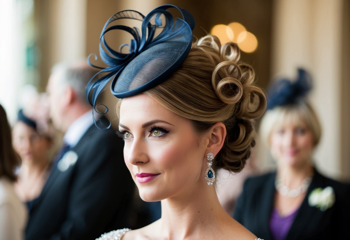 A woman with a fascinator wearing her hair in an elegant updo, adorned with curls and tendrils framing her face