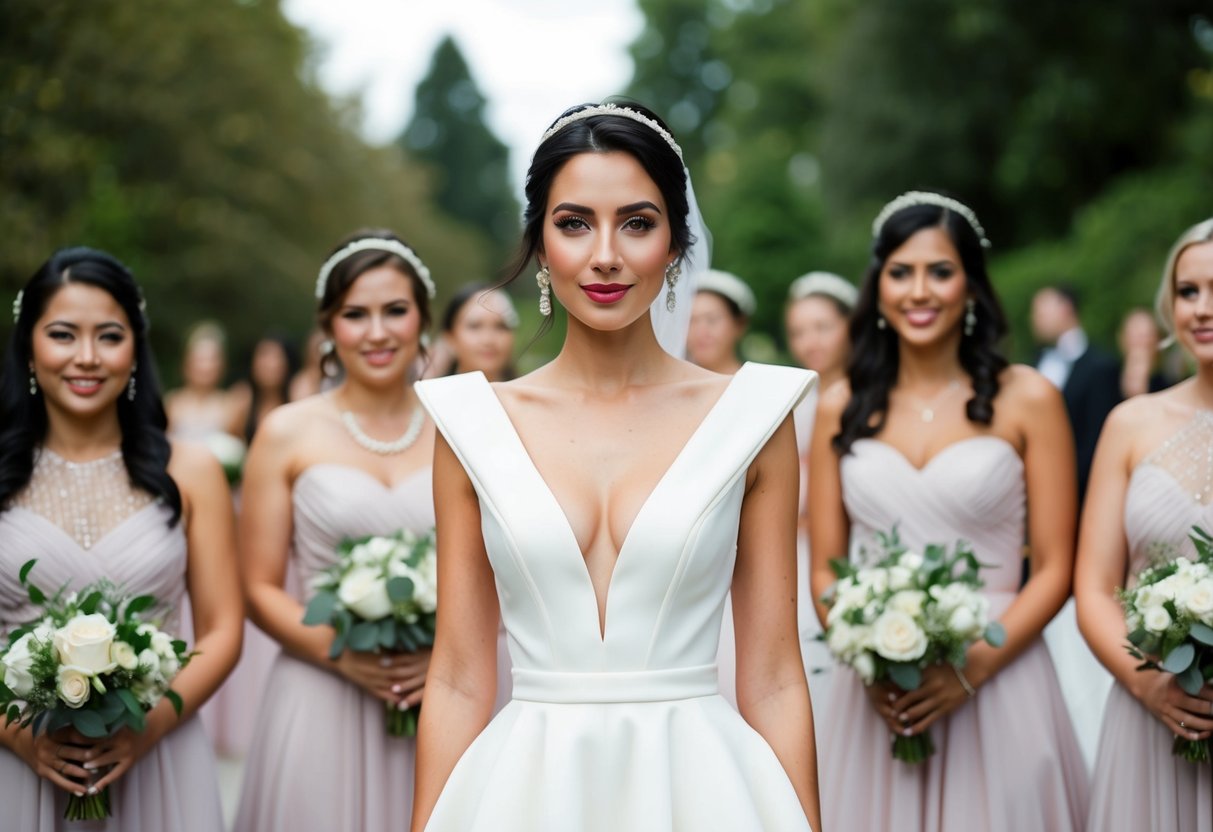A woman wearing a stylish and unique outfit at a wedding, standing out from the traditional bridesmaid dresses