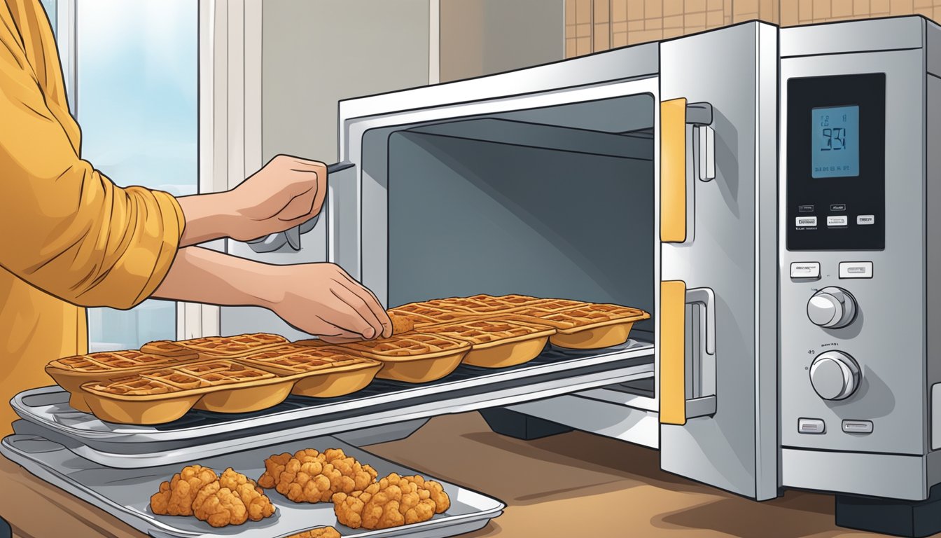 A person placing a container of chicken and waffles in the microwave