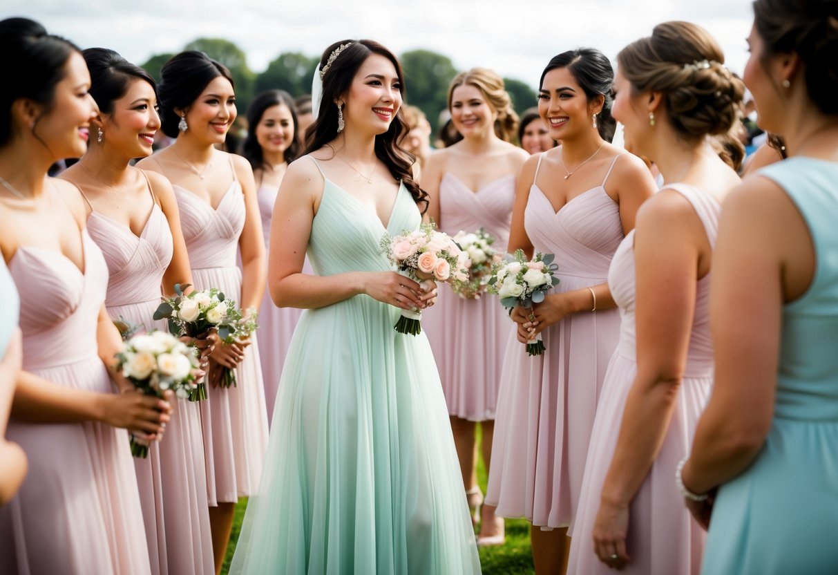 A woman in a flowy, pastel-colored dress stands out from the crowd of bridesmaids, holding a small bouquet and chatting with other guests at the wedding event