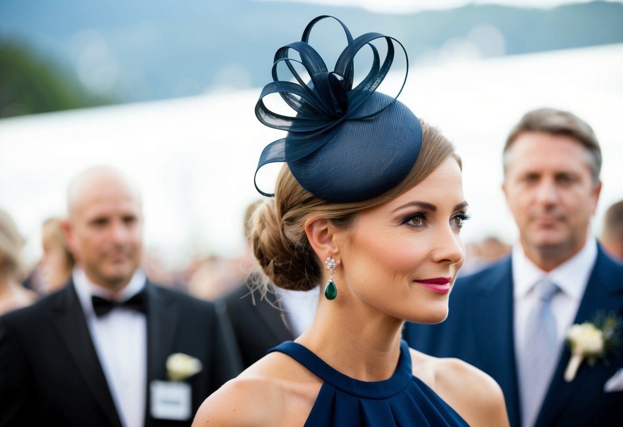 A woman with a fascinator perched on her head, hair elegantly styled up, attending a formal event
