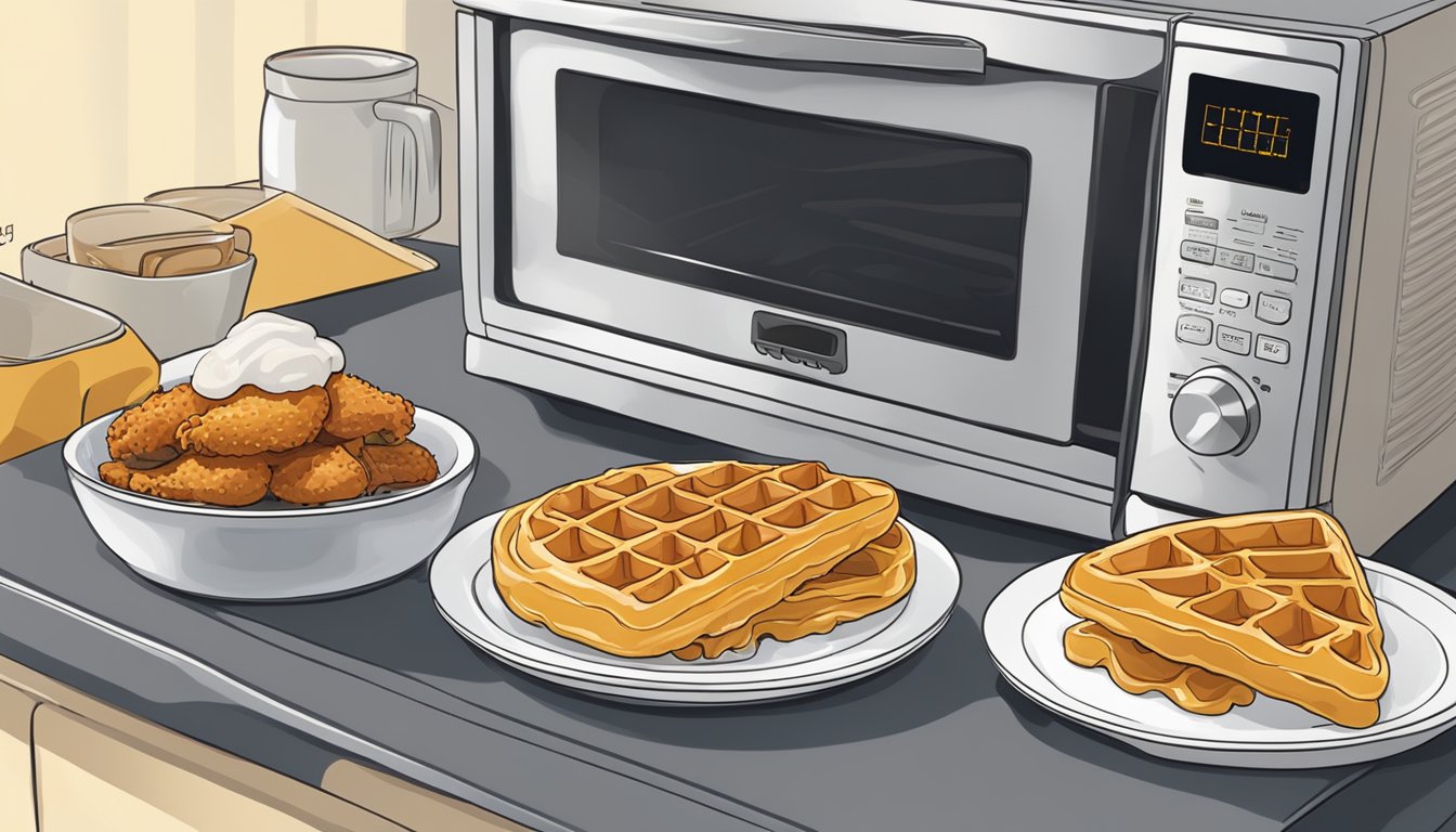 A plate with chicken and waffles being reheated in a microwave, oven, and skillet