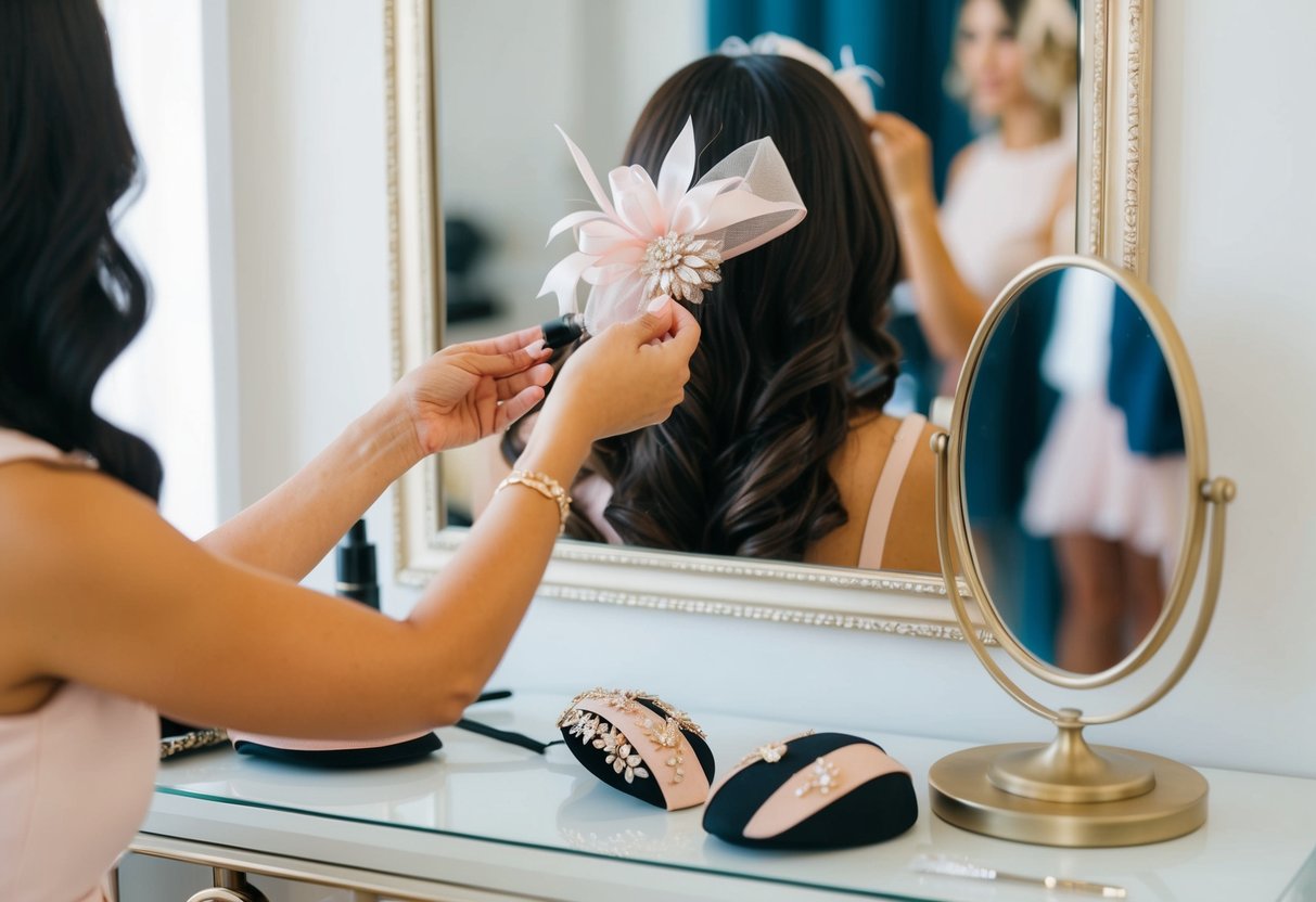 A woman's hand carefully placing a fascinator in her hair, with a mirror and hair accessories on a vanity table