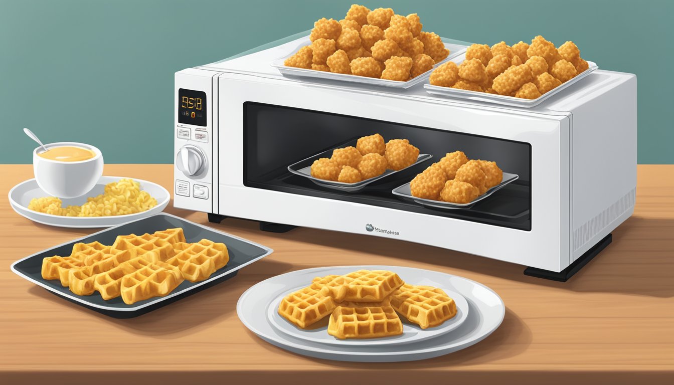 A plate of chicken and waffle bites arranged on a microwave-safe dish with a cover, alongside a microwave oven