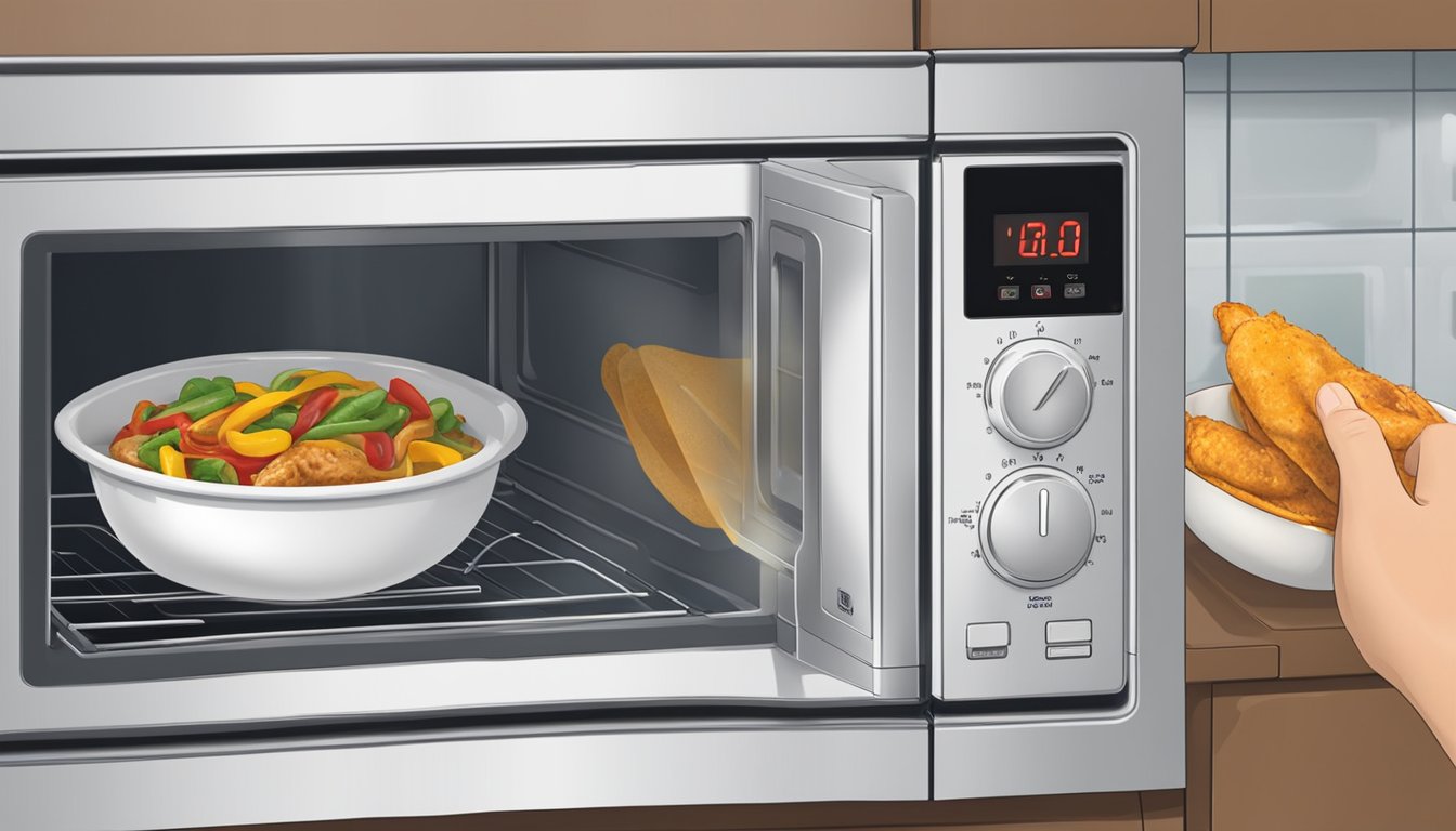 A person placing a chicken fajita bowl in the microwave, setting the timer, and then removing the hot bowl with oven mitts