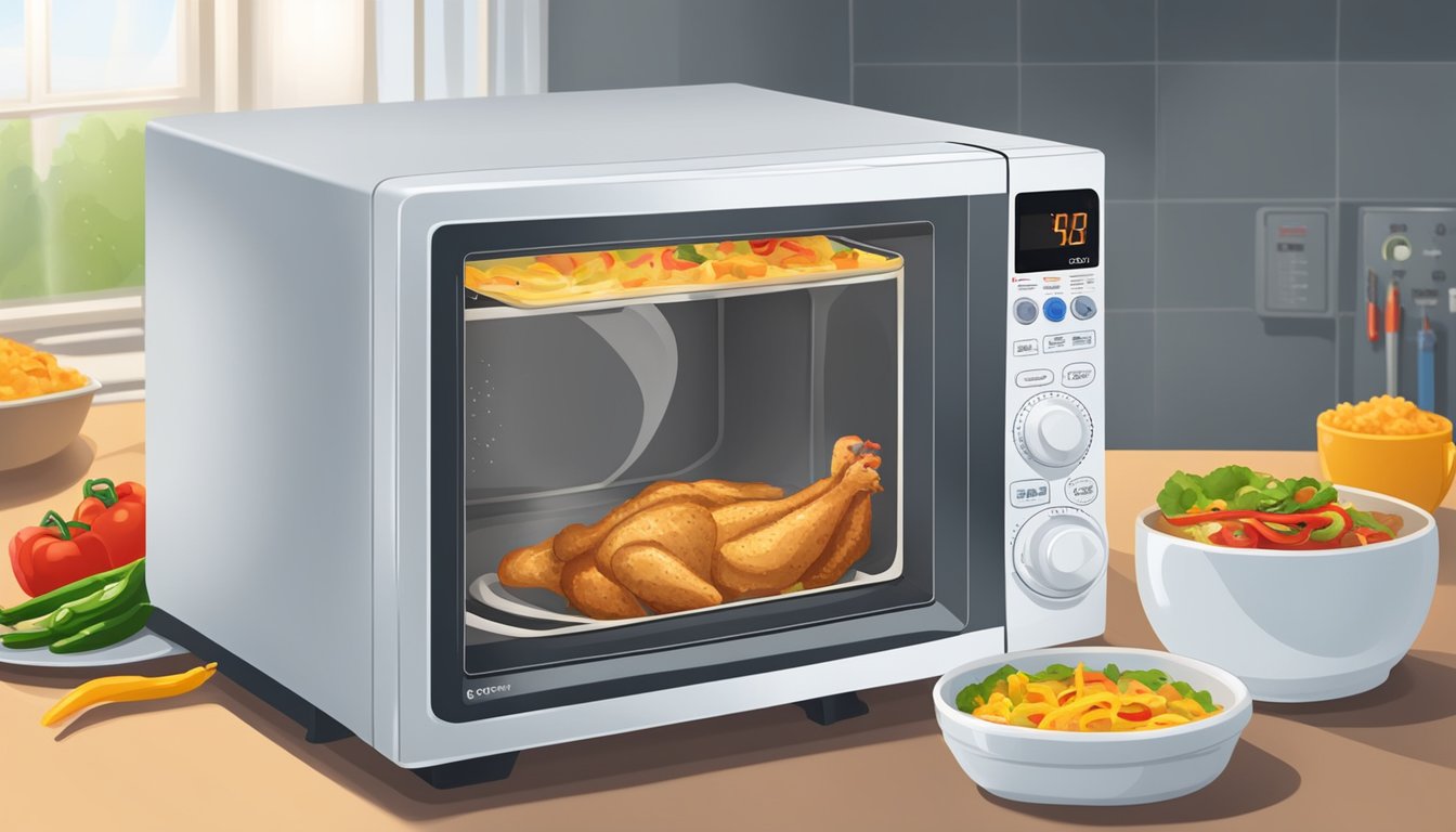 A microwave with a chicken fajita bowl inside, steam rising from the hot food, a thermometer checking the internal temperature