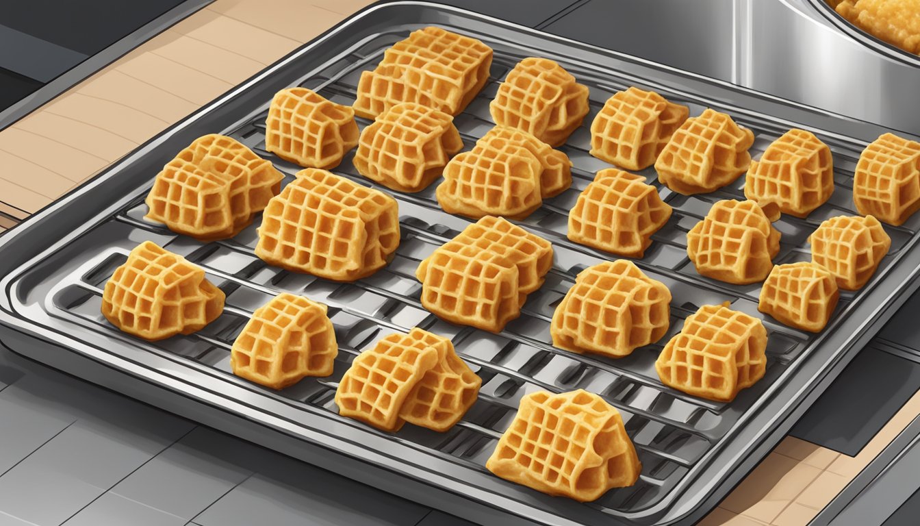 Chicken and waffle bites arranged on a baking sheet, being carefully monitored in the oven