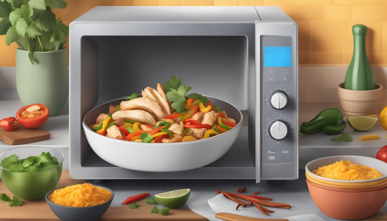 A microwave with a steaming bowl of chicken fajita, surrounded by colorful ingredients and spices on a kitchen counter