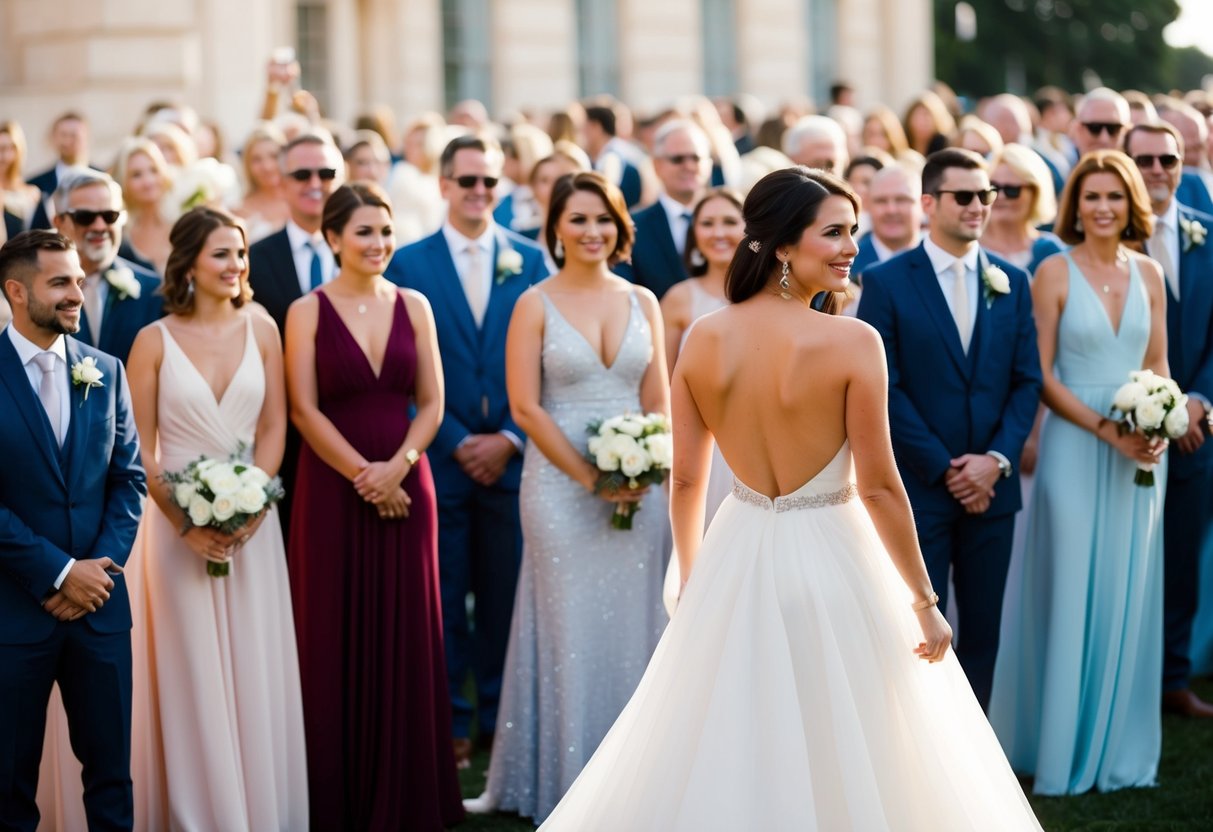 A woman in a flowing backless dress stands among a crowd of elegantly dressed wedding guests. She looks confident and radiant