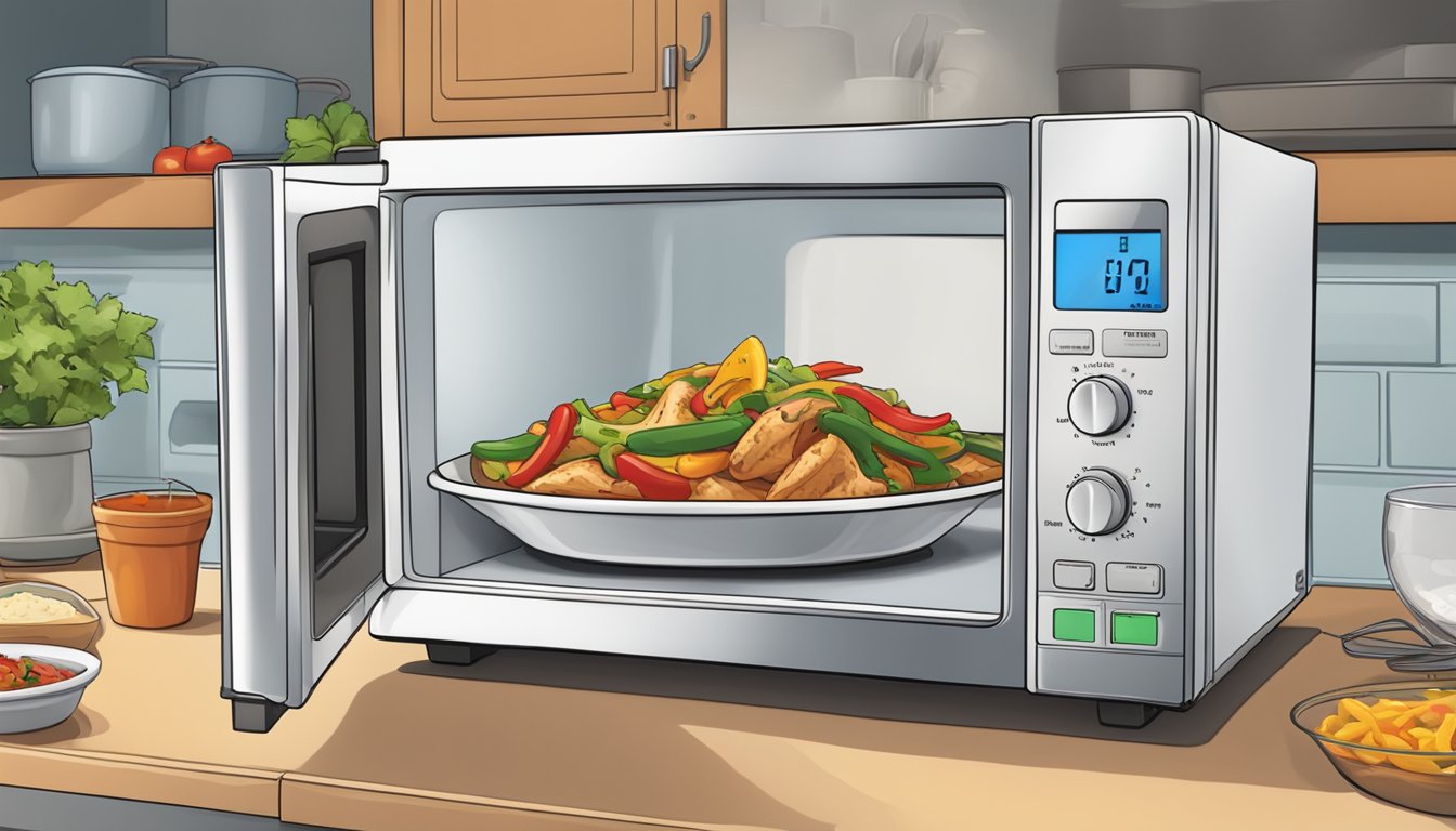 A microwave with a steaming chicken fajita bowl inside, a fork resting on the side, and a digital timer counting down