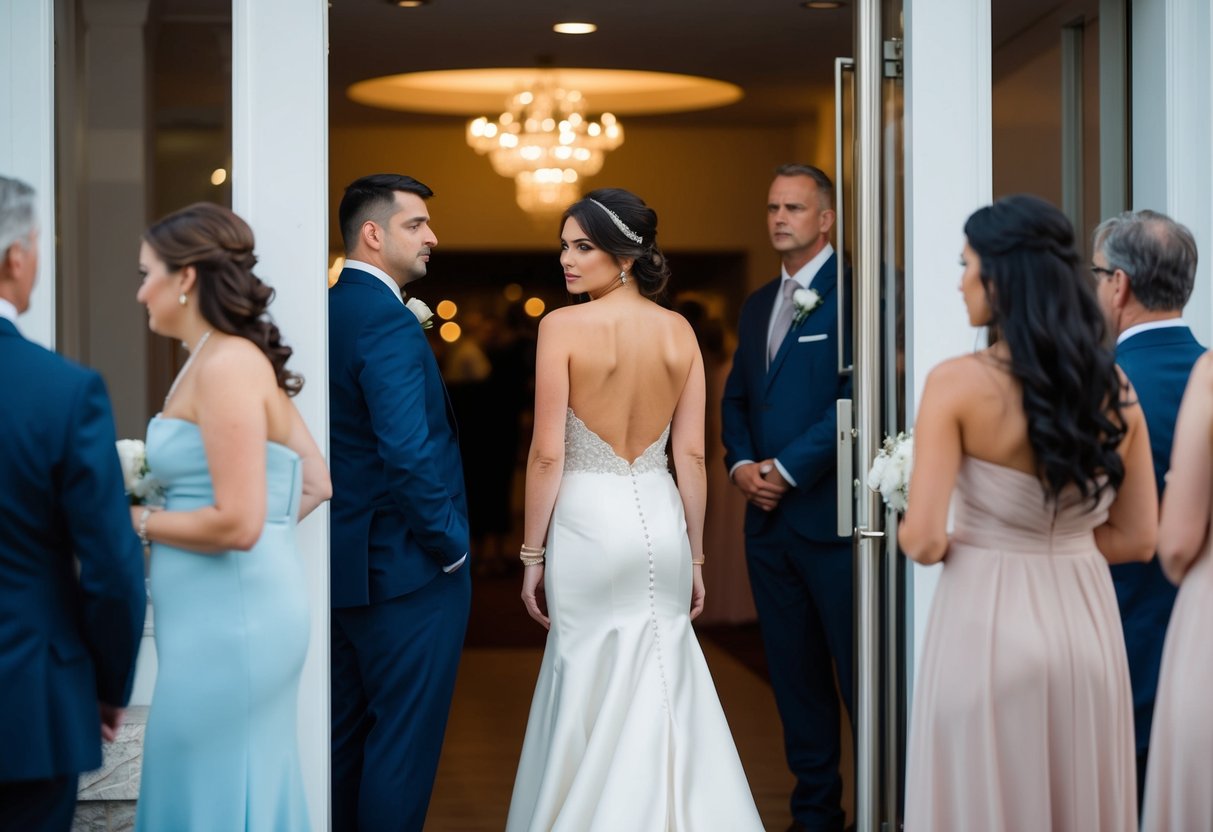 A woman in a backless dress stands at the entrance of a wedding venue, looking uncertain. Guests in formal attire pass by
