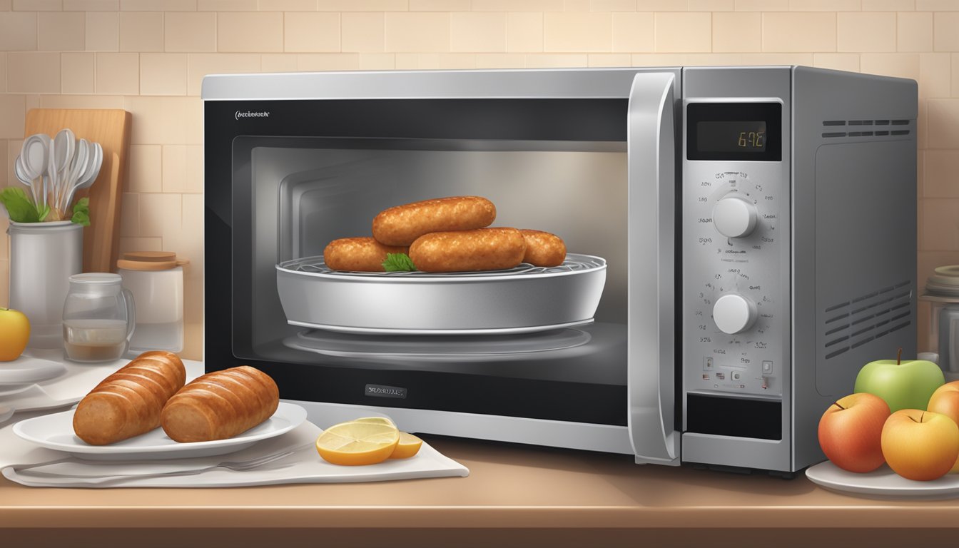 A microwave with a plate of chicken apple sausages inside, a timer set, and steam rising from the sausages