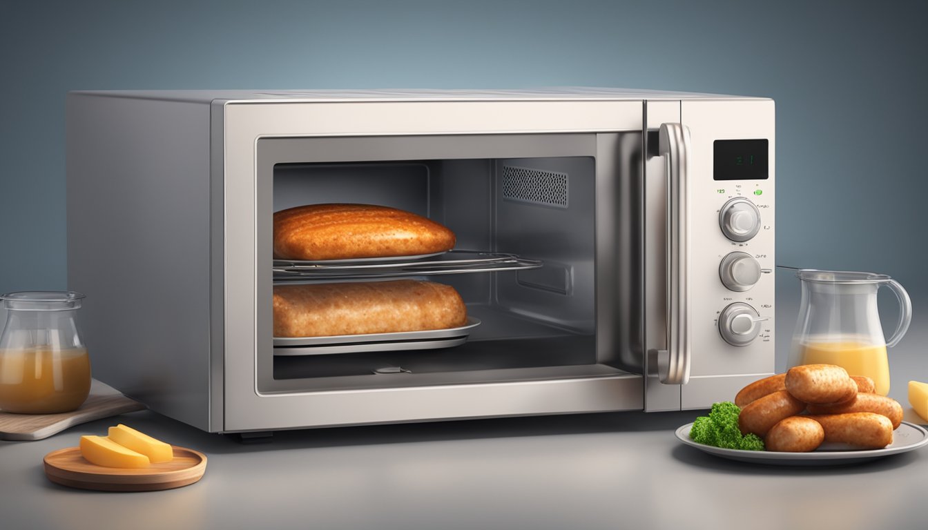 A microwave with a plate of chicken apple sausages rotating inside, with steam rising from the sausages