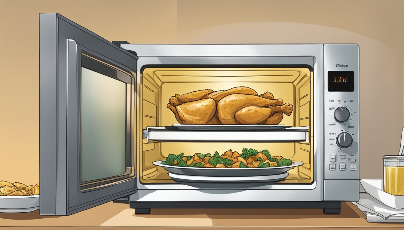 A plate of Chicken Florentine sits in a microwave. The microwave door is open, and the plate is being placed inside