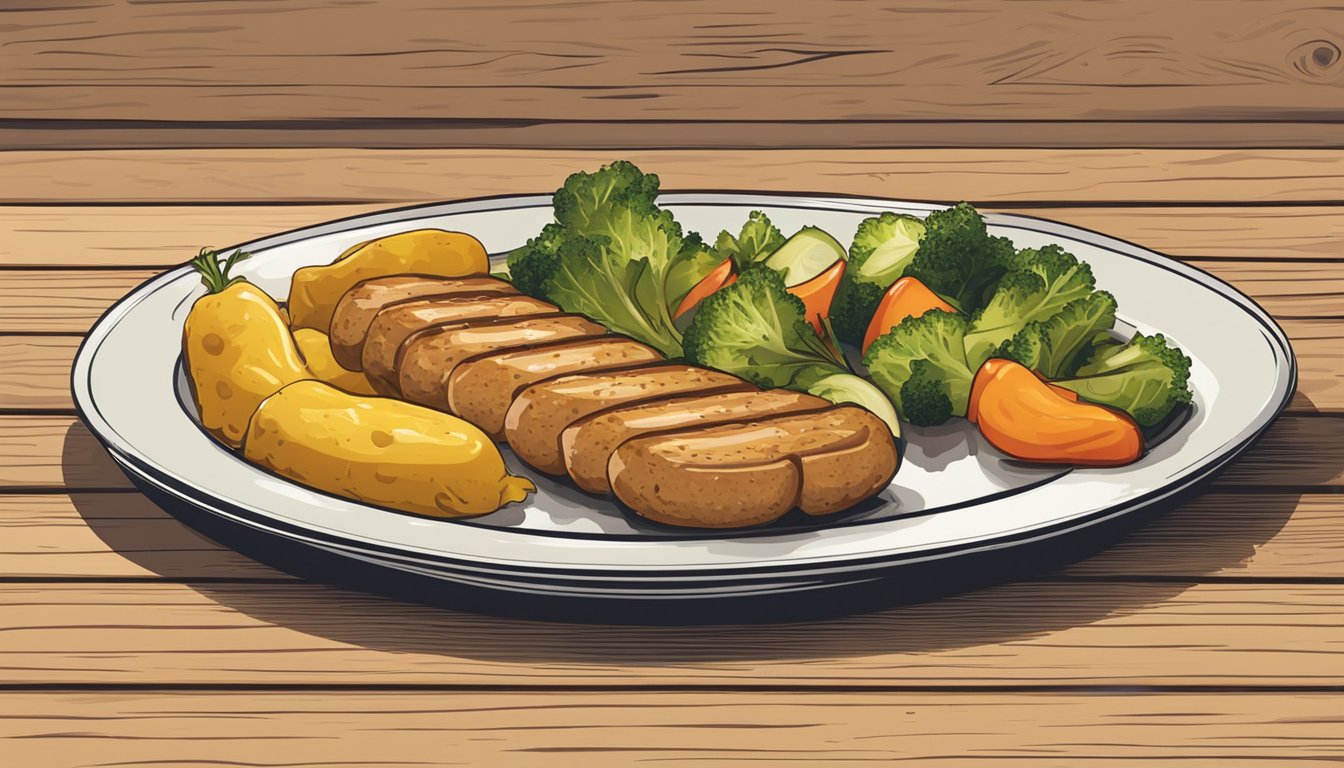 A plate of reheated chicken apple sausage with steaming vegetables and a side of mustard, placed on a rustic wooden table