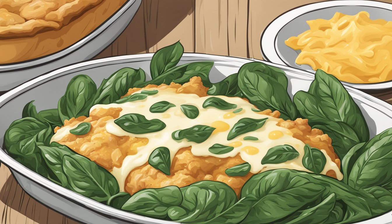 A baking dish with Chicken Florentine surrounded by fresh spinach and topped with melted cheese