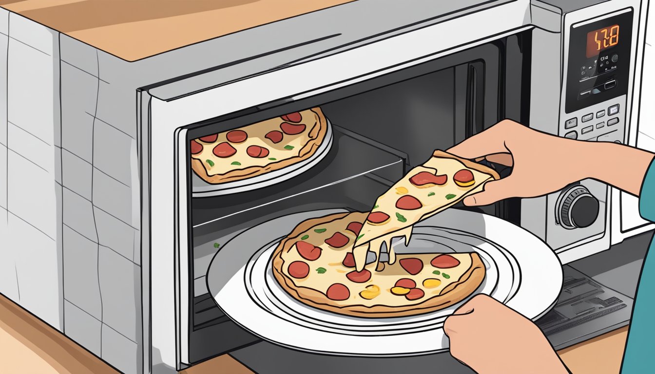 A person placing a slice of chicken bacon ranch pizza on a microwave-safe plate and covering it with a paper towel before reheating it in the microwave