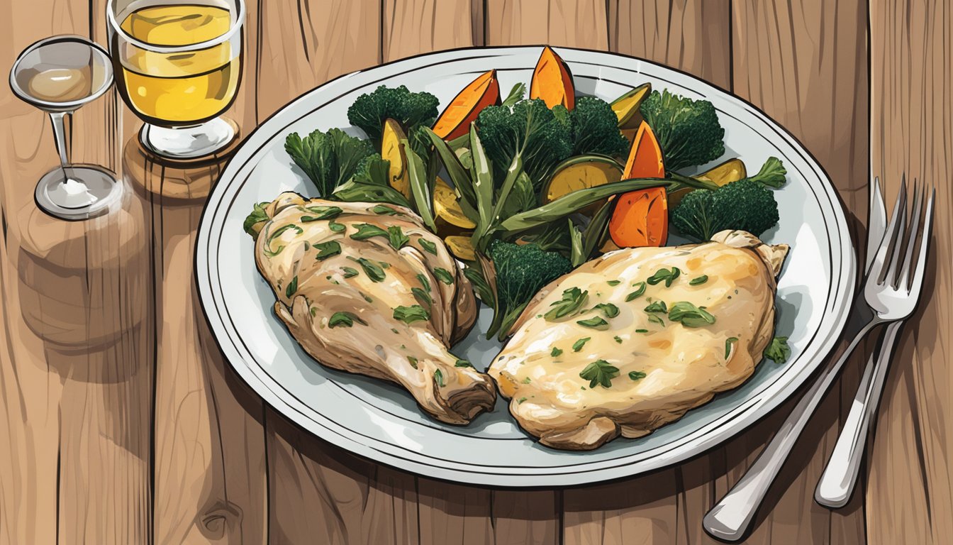 A plate of reheated chicken florentine sits next to a glass of white wine and a side of roasted vegetables on a rustic wooden table