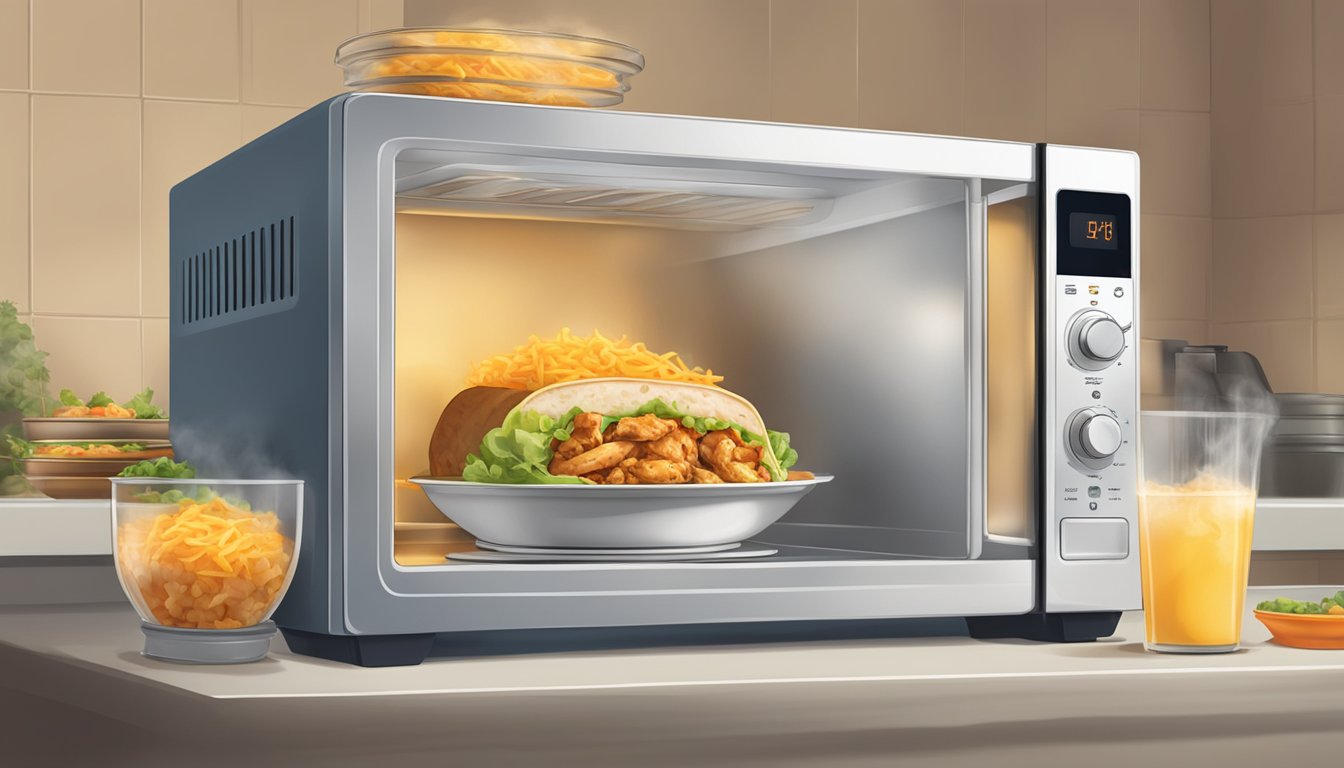 A microwave with a plate of chicken burritos inside, steam rising from the food as it heats up