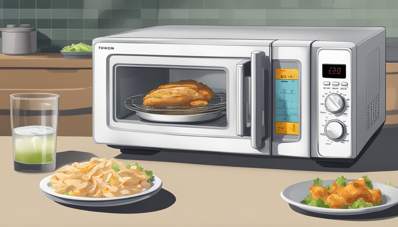 A microwave with a plate of sliced chicken gyro inside, a glass of water, and a timer set for reheating