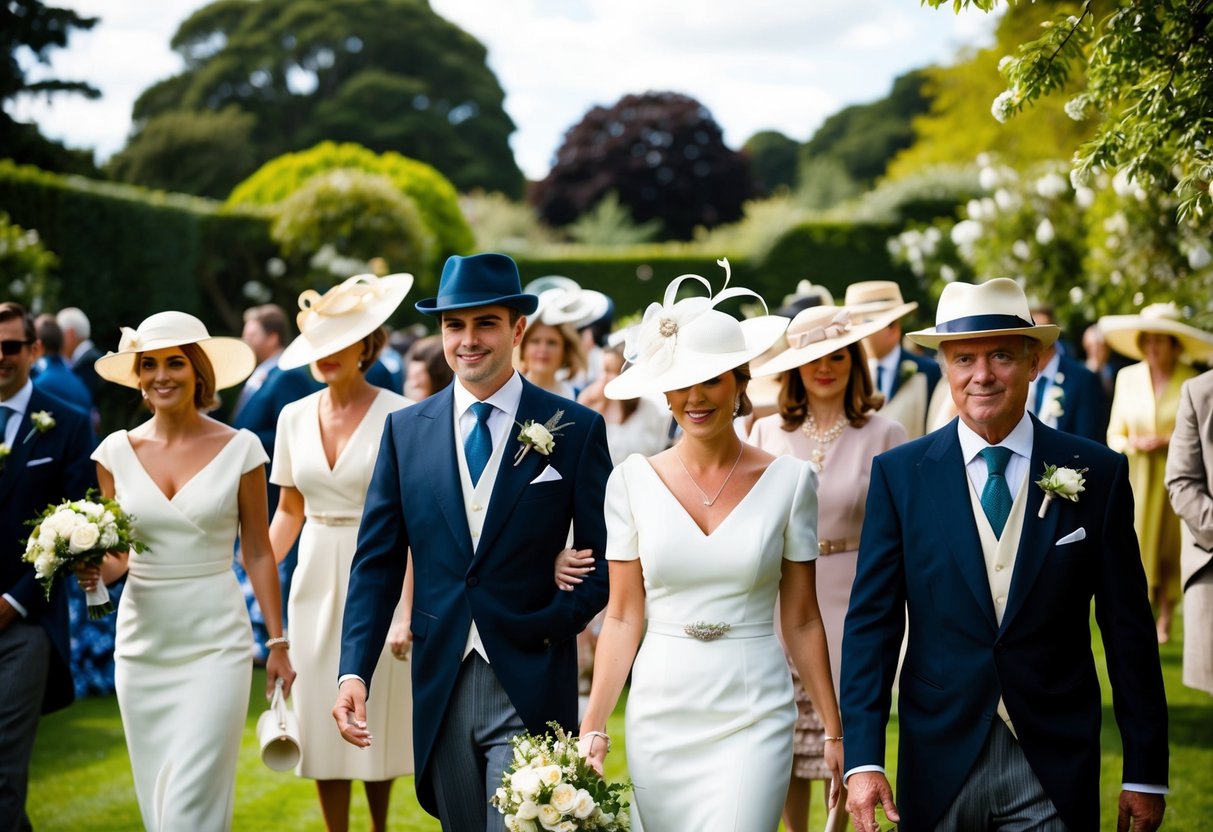 A garden wedding with guests in elegant attire, a variety of hats, and a vintage aesthetic