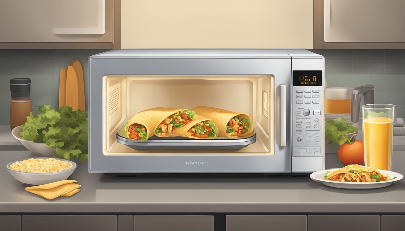 A microwave with a plate of chicken burritos covered with a microwave-safe lid