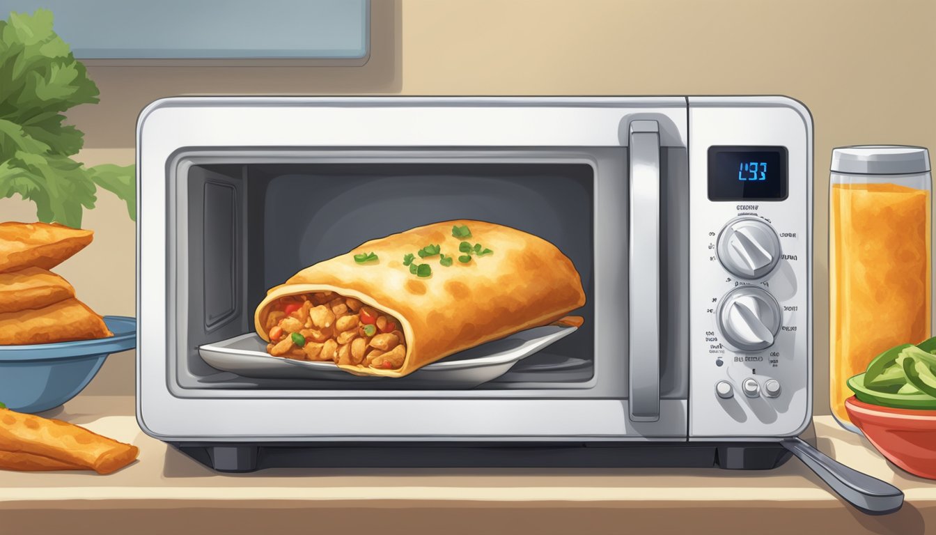 A plate of chicken chimichangas being reheated in a microwave