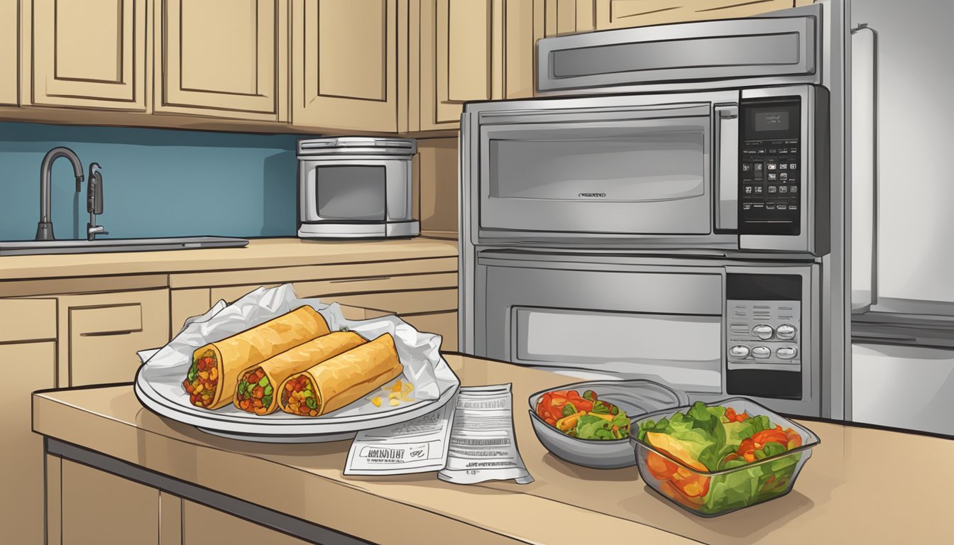 A kitchen counter with a plate of chicken chimichangas wrapped in foil, next to a microwave and a refrigerator with a sign saying "Proper Storage for Chimichangas."