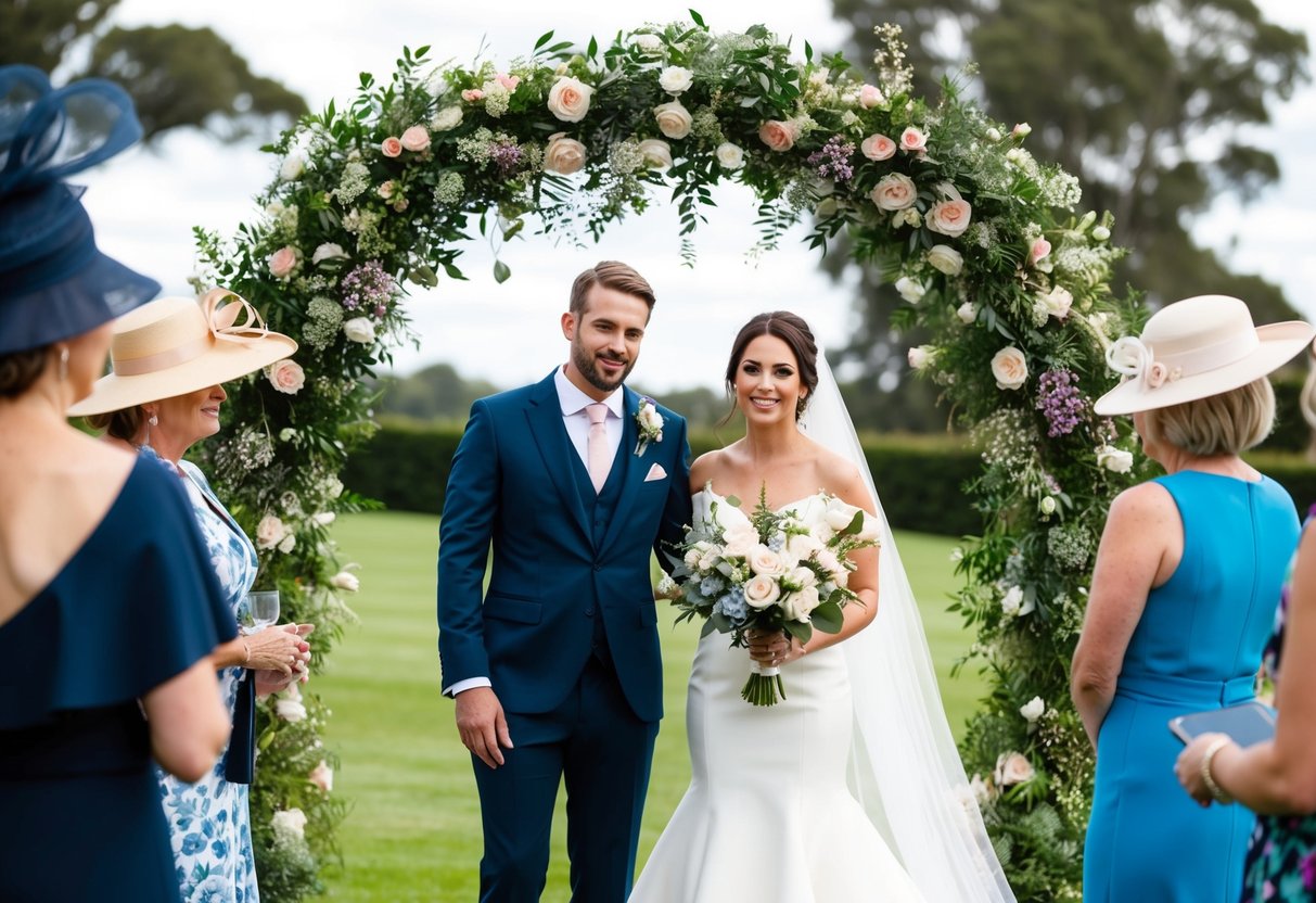 A bride and groom stand under a floral arch at a modern outdoor wedding, with guests wearing stylish hats and fascinators