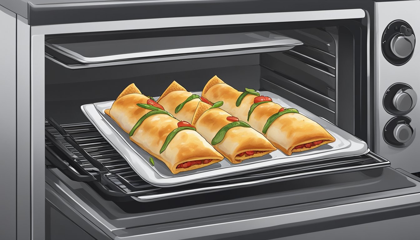 A plate of chicken chimichangas being placed in a preheated oven