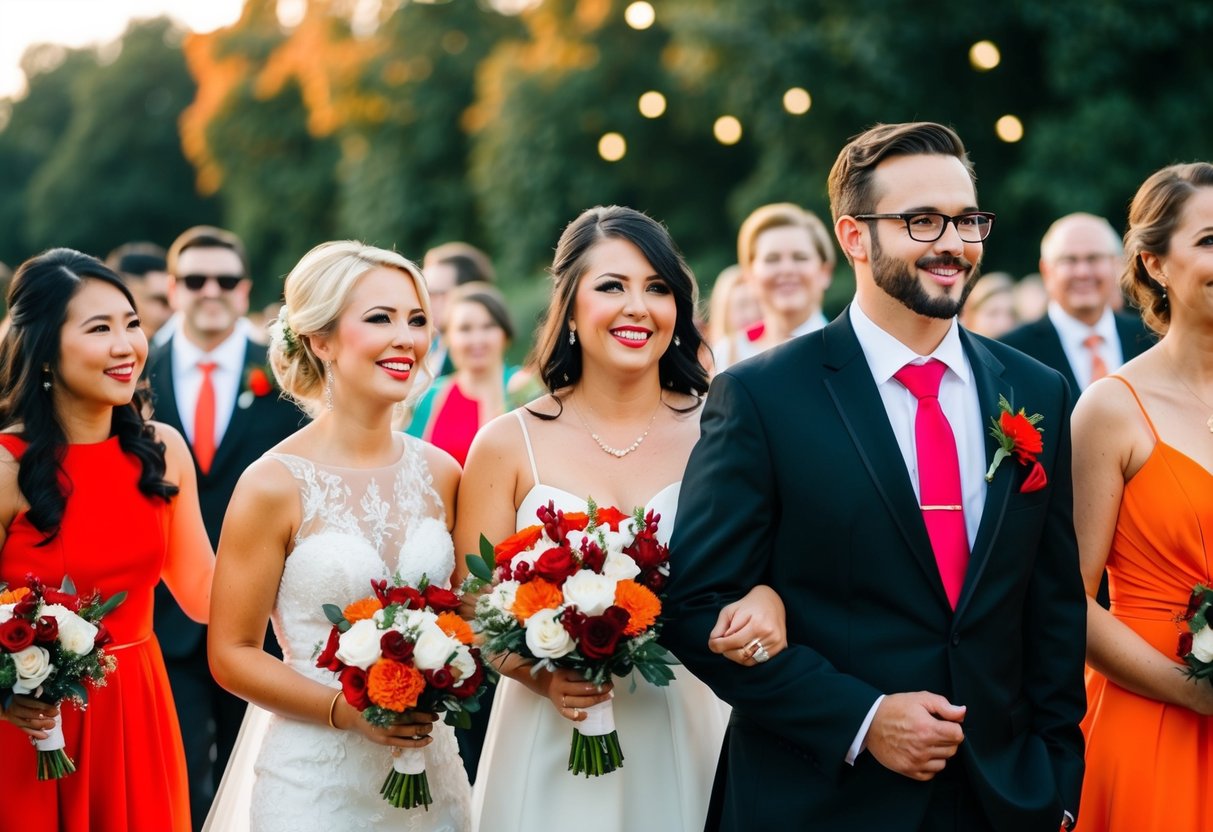 A wedding scene with guests wearing vibrant colors like red, orange, and black