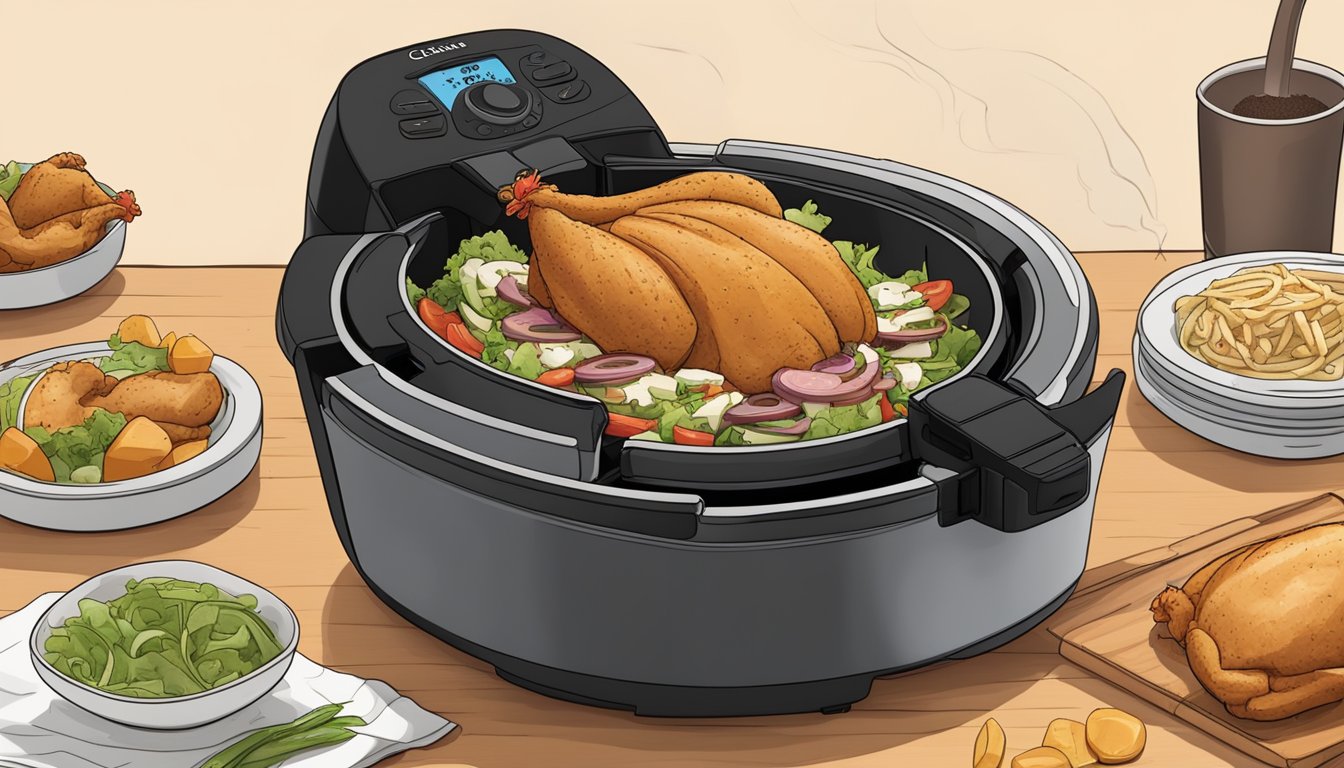 A chicken gyro sits inside an air fryer, surrounded by hot air as it reheats to perfection