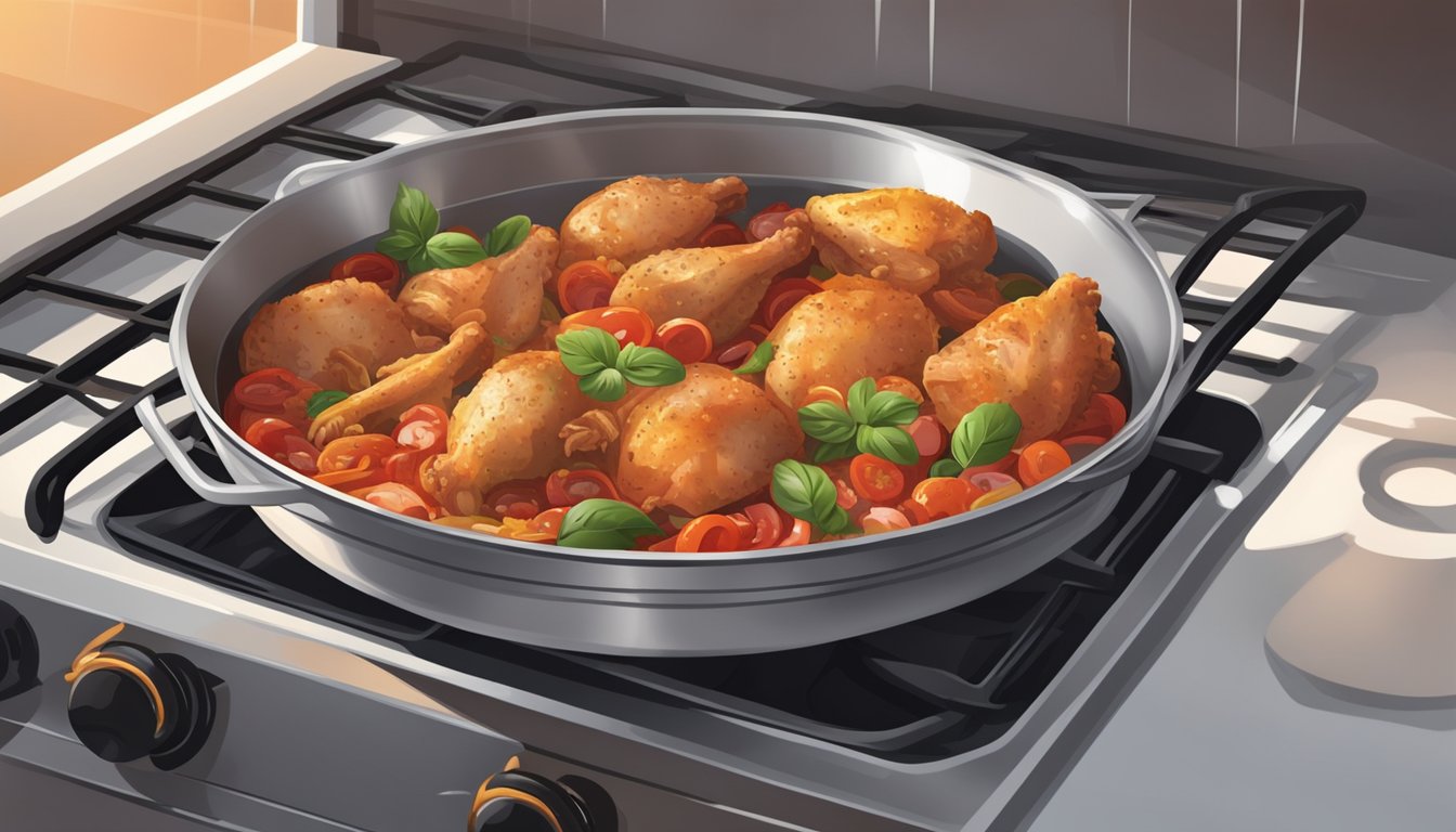 A plate of chicken cacciatore sits in an open oven, the warm air gently reheating the dish