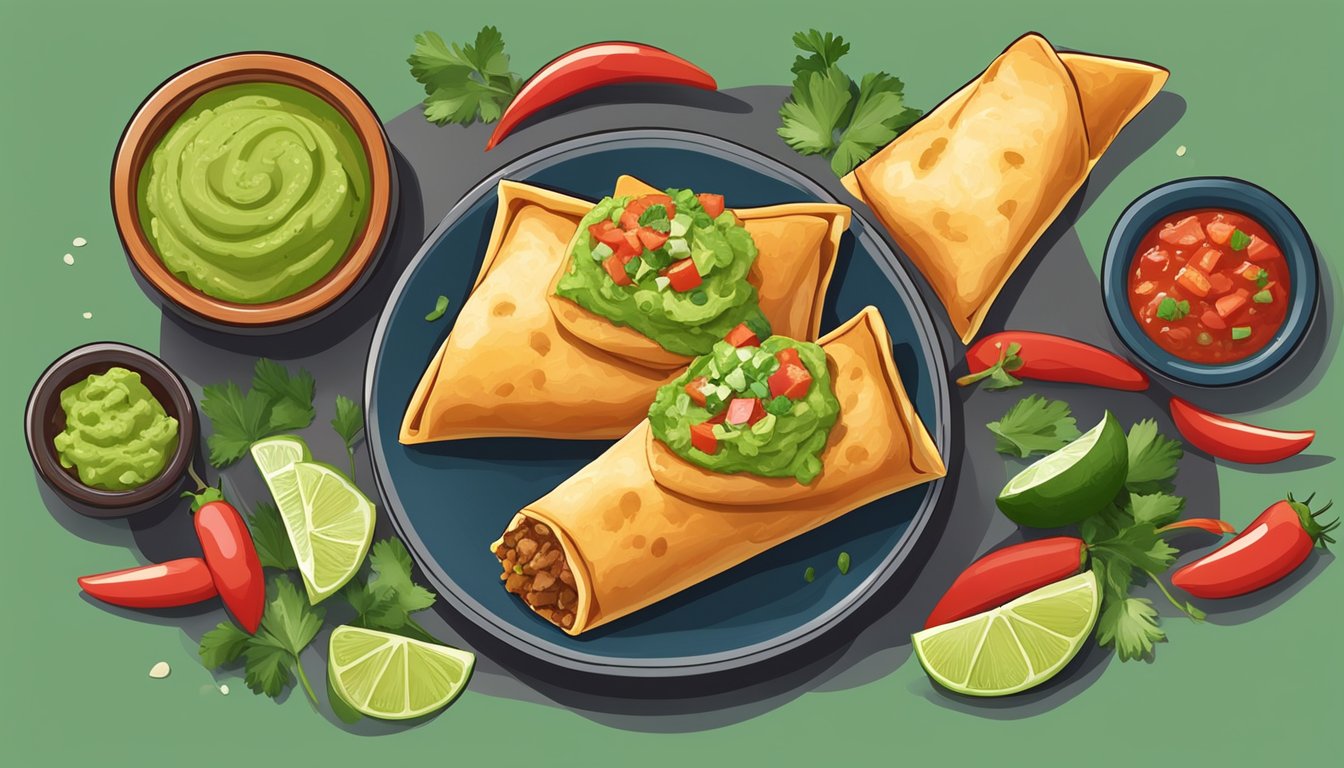 A plate of reheated chicken chimichangas with a side of salsa and guacamole, surrounded by colorful garnishes and a garnish of cilantro