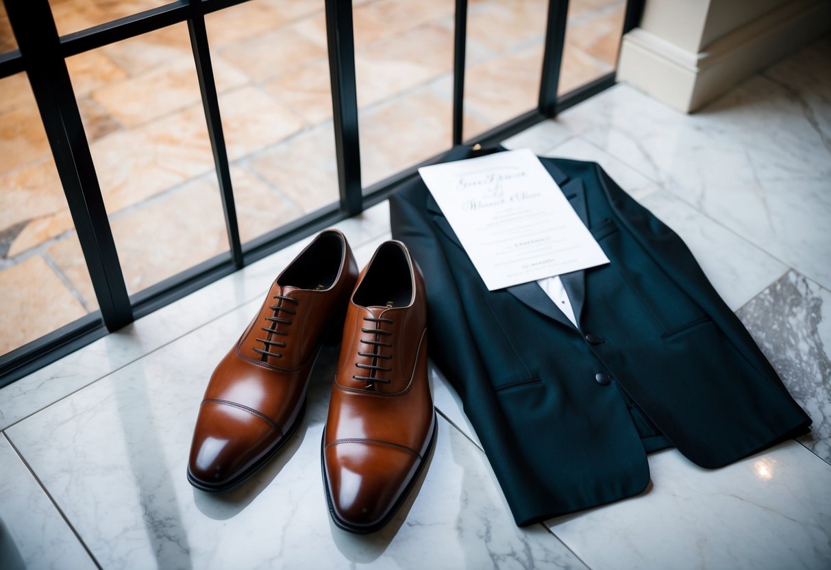 A pair of polished brown dress shoes placed next to a black tuxedo and a formal wedding invitation on a marble floor