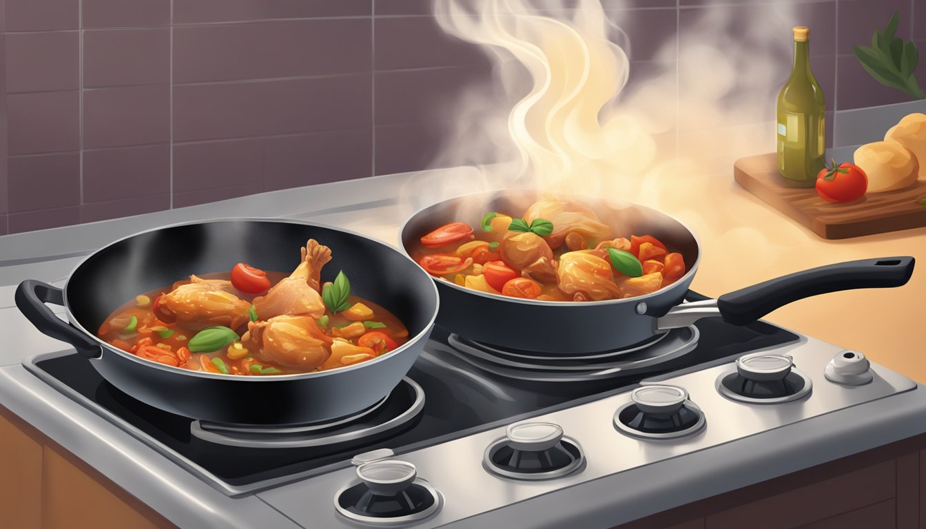 A stovetop with a skillet containing chicken cacciatore being reheated over a low flame, steam rising from the sizzling food