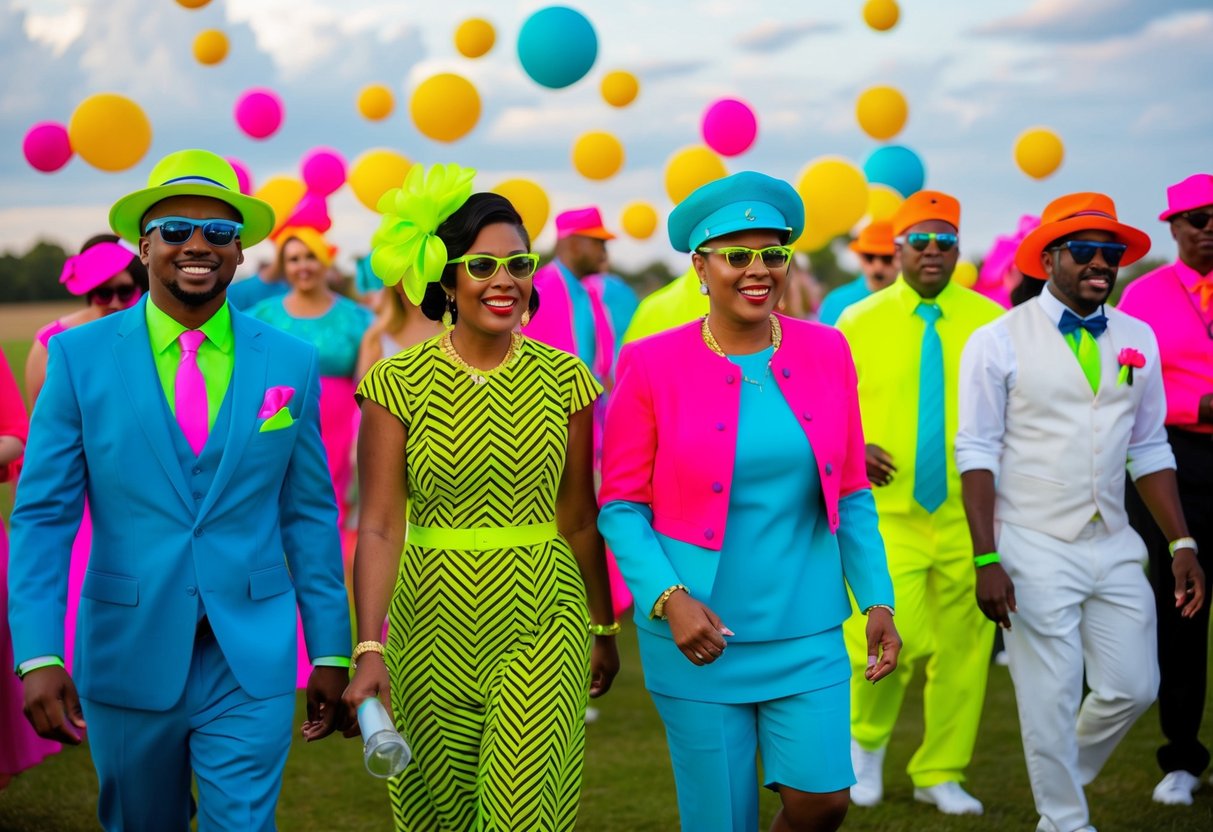 A wedding scene with guests wearing bright neon colors, clashing patterns, and overly casual attire