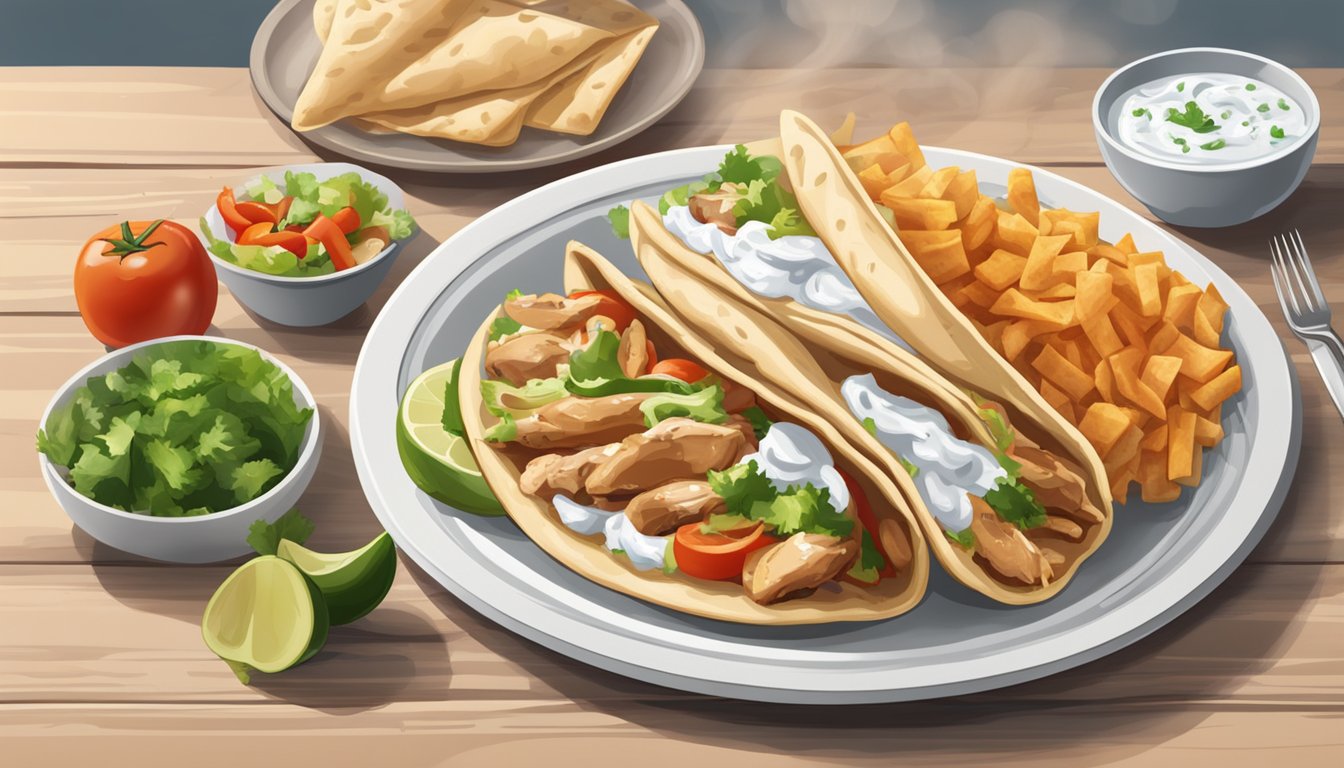 A plate of reheated chicken gyros sits on a table, steam rising from the tender meat and warm pita bread. Fresh vegetables and tzatziki sauce accompany the dish