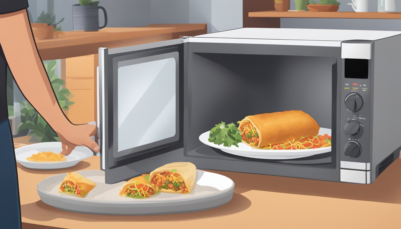 A person placing chicken chimichangas on a microwave-safe plate with a cover, setting the timer, and pressing start