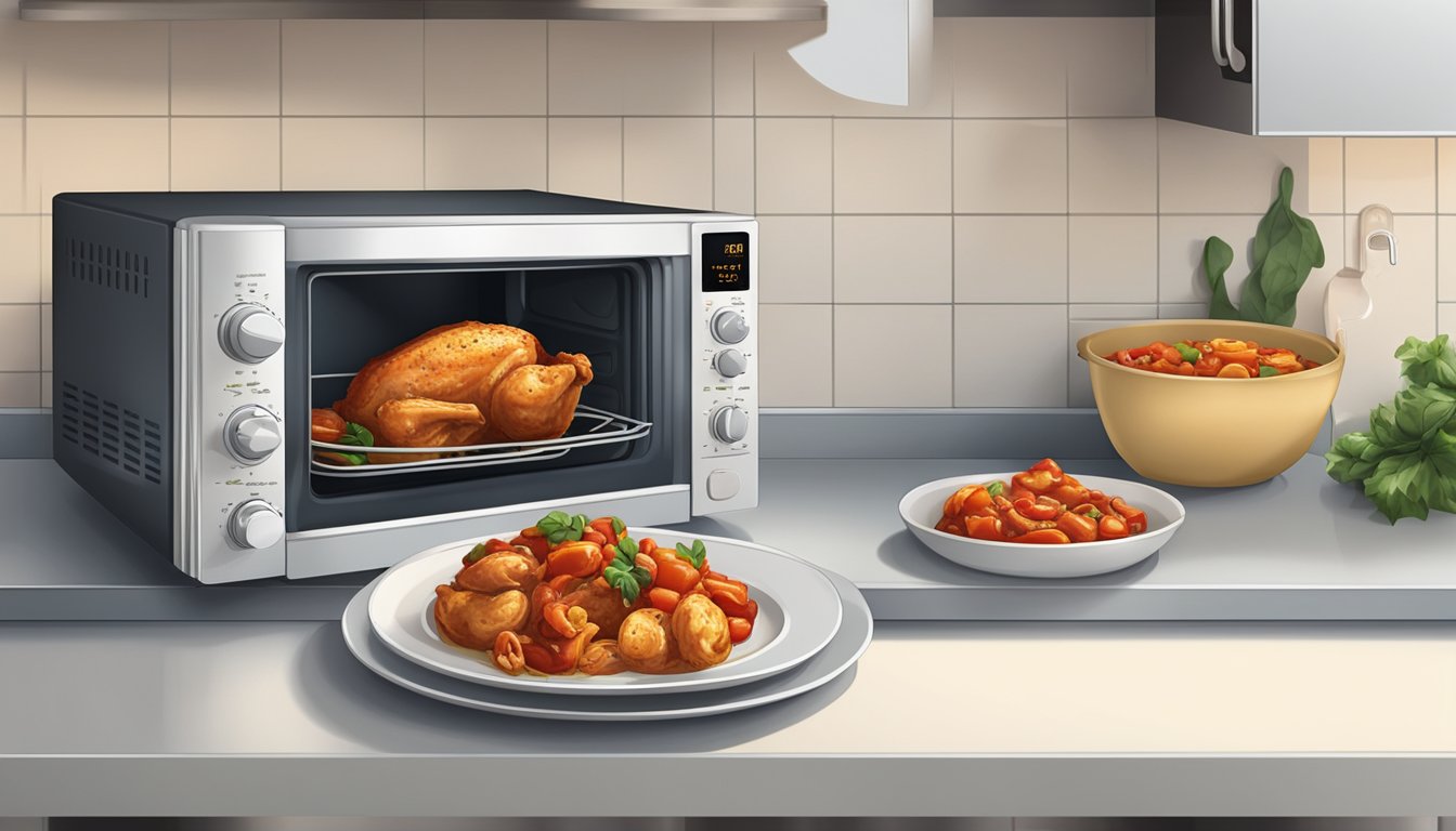 A microwave and an oven sit on a kitchen counter, with a plate of chicken cacciatore nearby